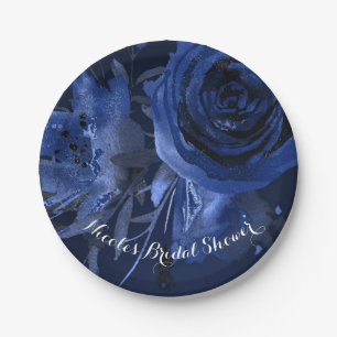 Winter Chic Floral Blue Rose Bold Wedding Paper Plate
