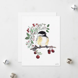 Winter Chickadee Bird Berries Holiday Card