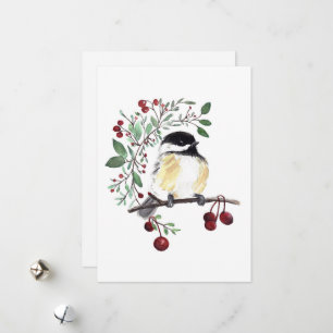 Winter Chickadee Bird Berries Holiday Card
