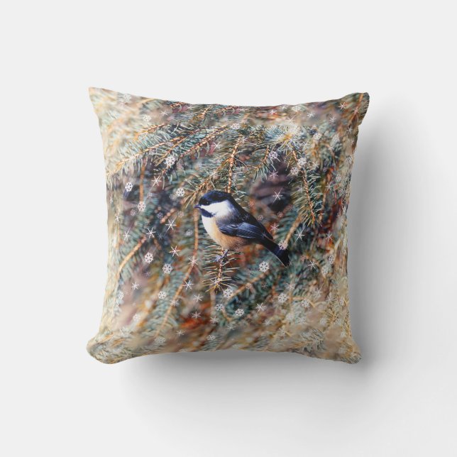 Winter Chickadee Bird Pine Branch Snow Cushion (Front)