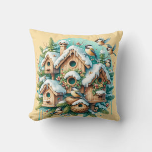 Winter Chickadee Birdhouse Village Cushion