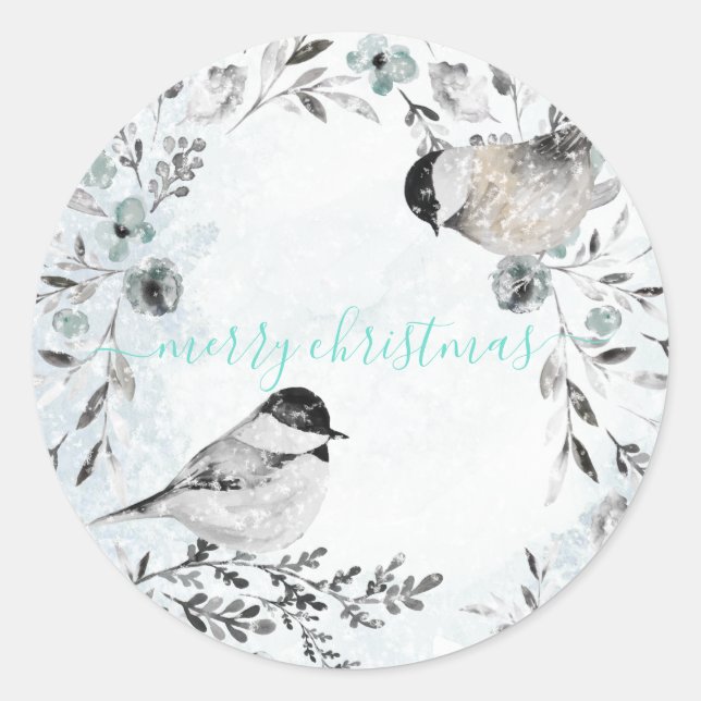 Winter Chickadee Birds Dusty Blue Wreath Christmas Classic Round Sticker (Front)