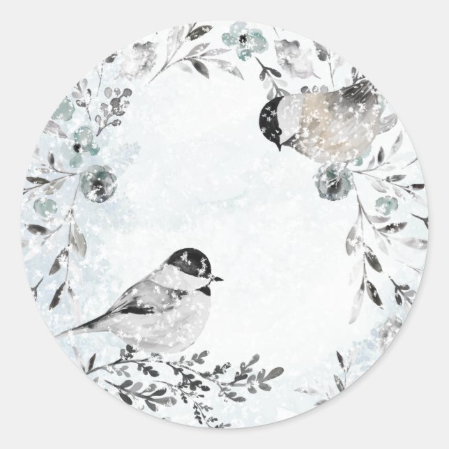 Winter Chickadee Birds Dusty Blue Wreath Christmas Classic Round Sticker (Front)