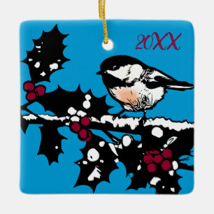 Winter Chickadee on Holly Woodcut Winter Holidays Ceramic Ornament