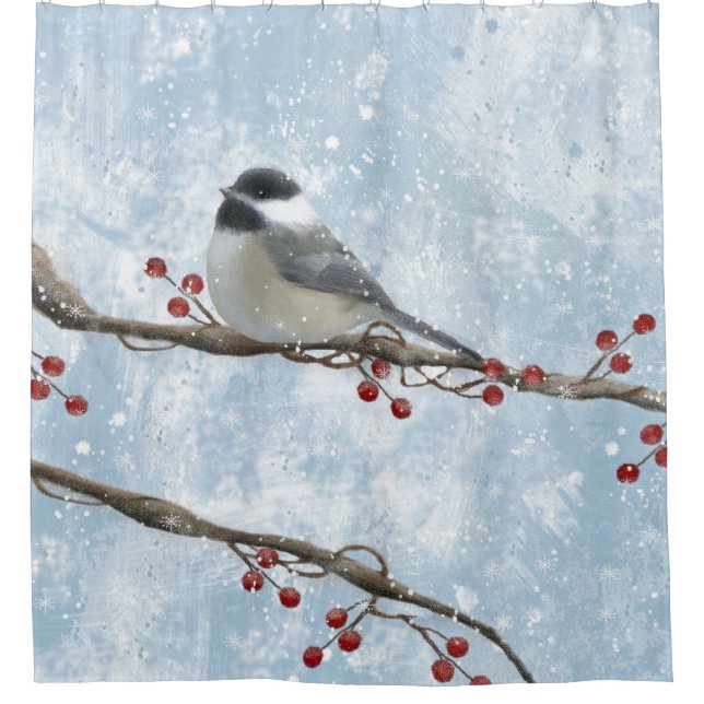 Winter Chickadee Shower Curtain (Front)