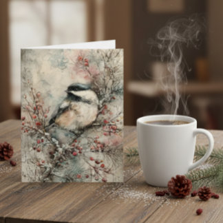 Winter Chickadee Watercolor Christmas Card – Peace