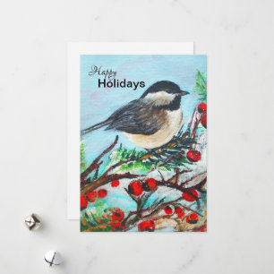 Winter Chickadee With Berries Holiday Card
