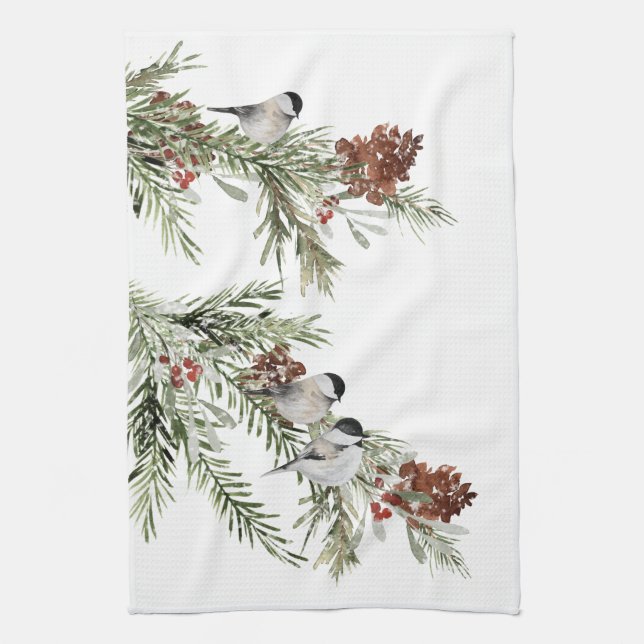 Winter Chickadees Green Spruce Tree Cones Berries Tea Towel (Vertical)