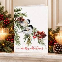Winter Chickadees Pine Berries Merry Christmas
