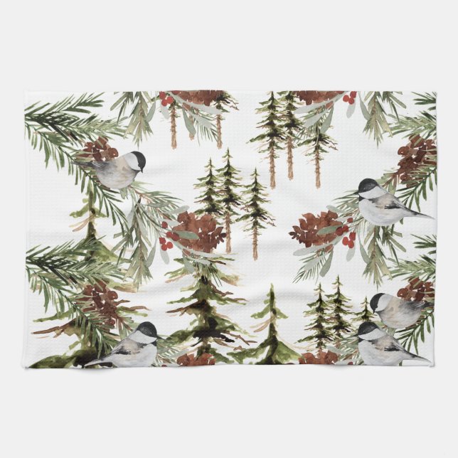 Winter Chickadees Spruce Tree Woodland Holiday Tea Towel (Horizontal)