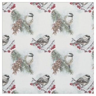 Winter Chickadees Watercolor Christmas Fabric
