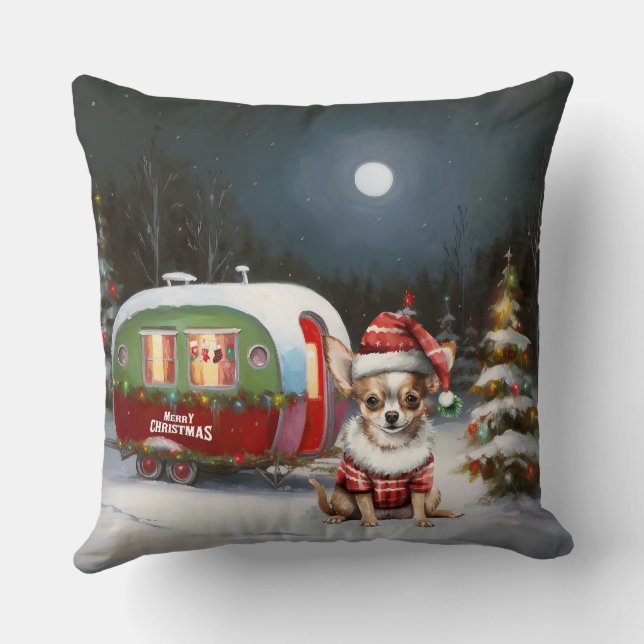 Winter Chihuahua Caravan Christmas Adventure  Cushion (Back)