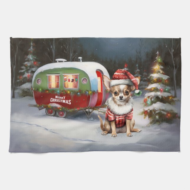 Winter Chihuahua Caravan Christmas Adventure  Tea Towel (Horizontal)