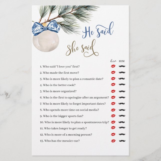 Winter Chinoiserie Bow He Said She Said Game (Front)