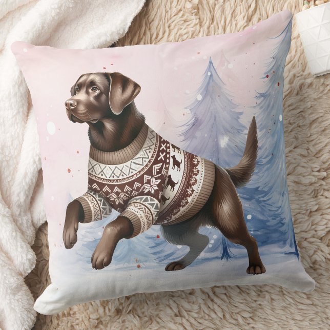 Winter Chocolate Labrador Retriever Snow Dog  Cushion (Creator Uploaded)