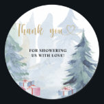 Winter christmas baby shower thank you  classic round sticker<br><div class="desc">Baby it's cold outside baby shower Invitation. Gender Neutral Baby Shower Invitation. Matching items available.</div>