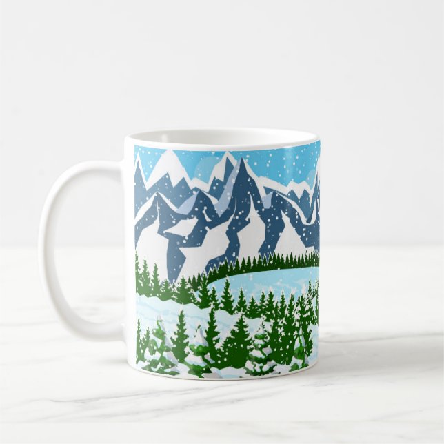Winter christmas background. Pine tree wood and sn Coffee Mug (Left)