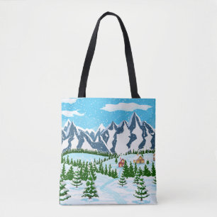 Winter christmas background. Pine tree wood and sn Tote Bag