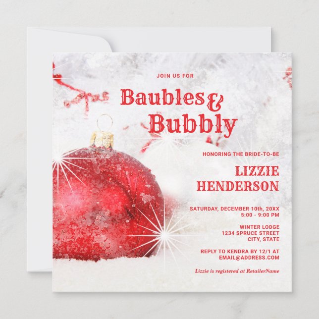 Winter Christmas Baubles and Bubbly Bridal Shower Invitation (Front)