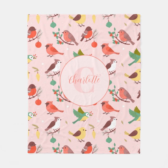 Winter Christmas Birds Personalized Fleece Blanket (Front)