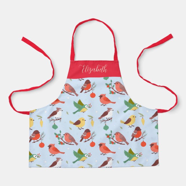 Winter Christmas Birds Personalized Kids Apron (Front)