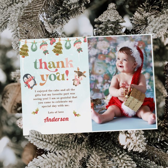 Winter Christmas Birthday Party Photo Thank You Card (Creator Uploaded)