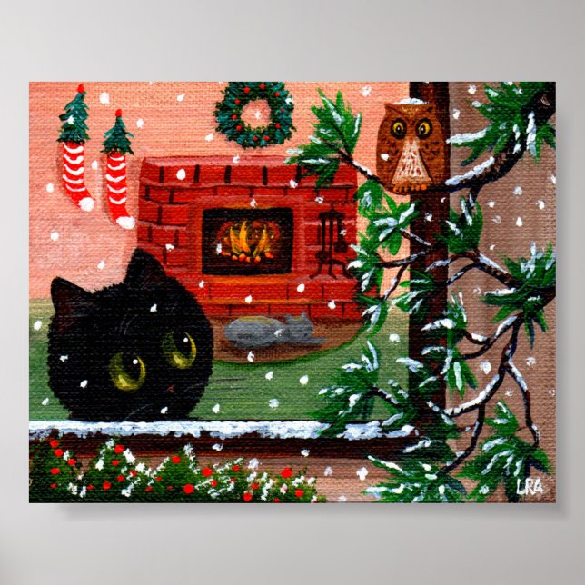 Winter Christmas Black Cat Owl Art Creationarts Poster (Front)