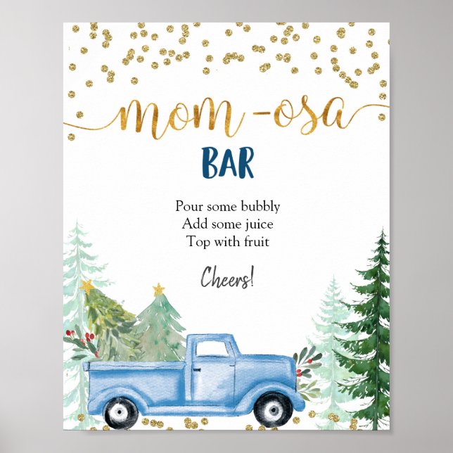 Winter Christmas Blue Truck Momosa Bar Poster (Front)
