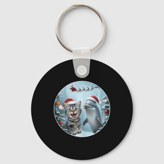 Winter Christmas Cat Dolphin Lover Selfie With San Key Ring (Front)