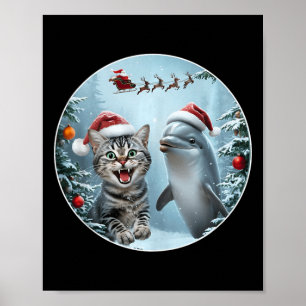 Winter Christmas Cat Dolphin Lover Selfie With San Poster