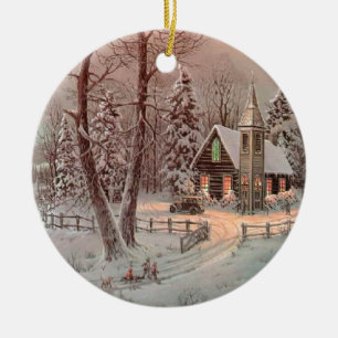 Winter Christmas Church Scene Ceramic Tree Decoration
