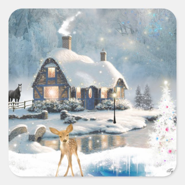 Winter Christmas Cottage Square Sticker (Front)