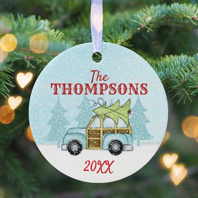 Winter Christmas Country Snowflake Personalised Ceramic Ornament (Winter blue car with Christmas tree with falling snow simple circle ceramic ornament. )