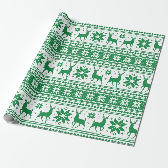 Winter Christmas Deer Green Snowflake Pattern Wrapping Paper (Unrolled)