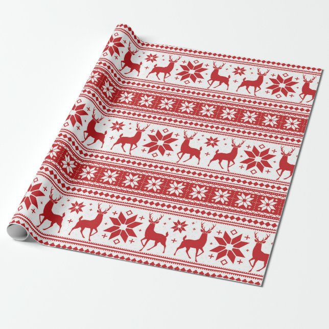 Winter Christmas Deer Red Snowflake Pattern Wrapping Paper (Unrolled)