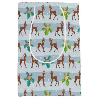 Winter Christmas Deer with Holly Retro Inspired Medium Gift Bag