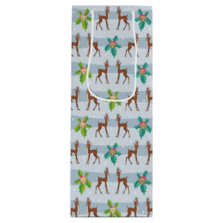 Winter Christmas Deer with Holly Retro Inspired Wine Gift Bag