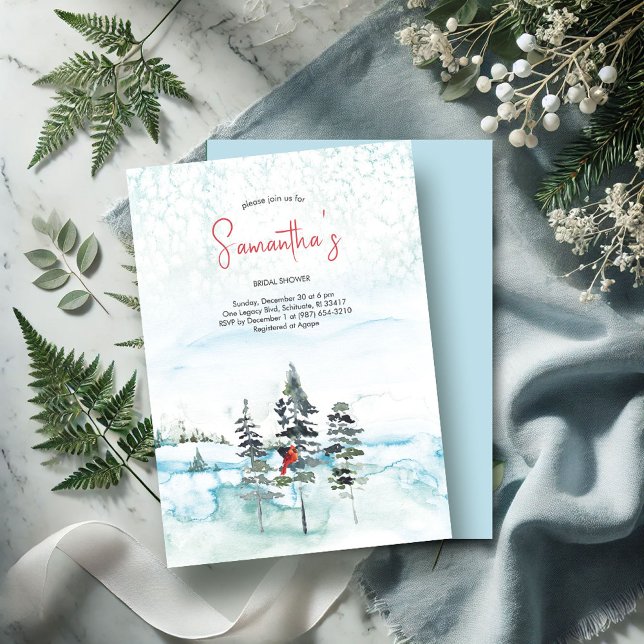 Winter Christmas Evergreen Bridal Shower Invitation (Winter bridal shower invitations watercolor pine trees red cardinal snow)
