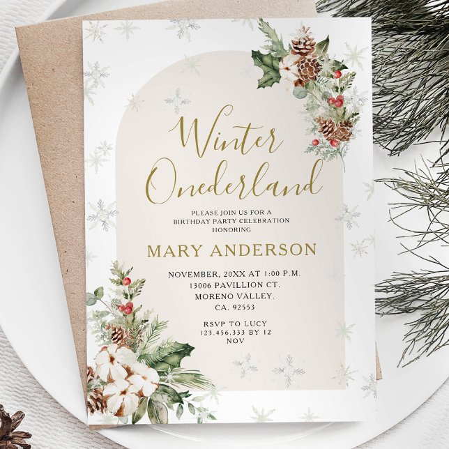 Winter Christmas Floral Onederland 1st Birthday Invitation (Creator Uploaded)