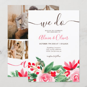 Winter Christmas floral photo initials wedding Invitation