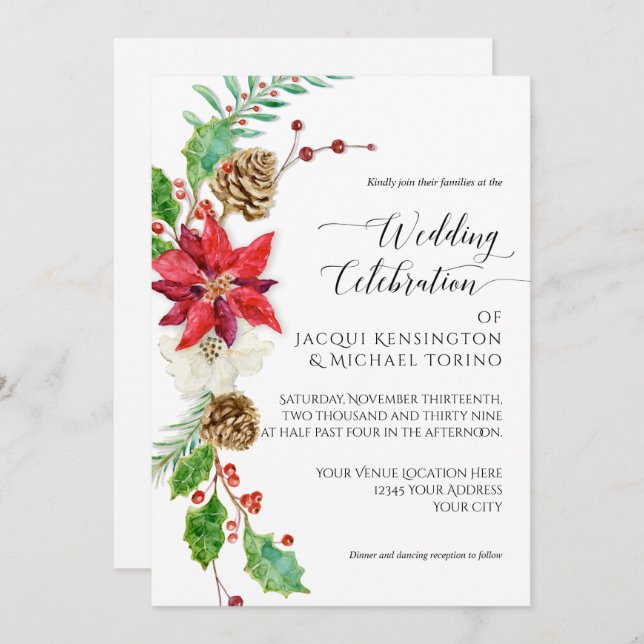 Winter Christmas Floral Red Gold Poinsettia Holly Invitation (Front/Back)
