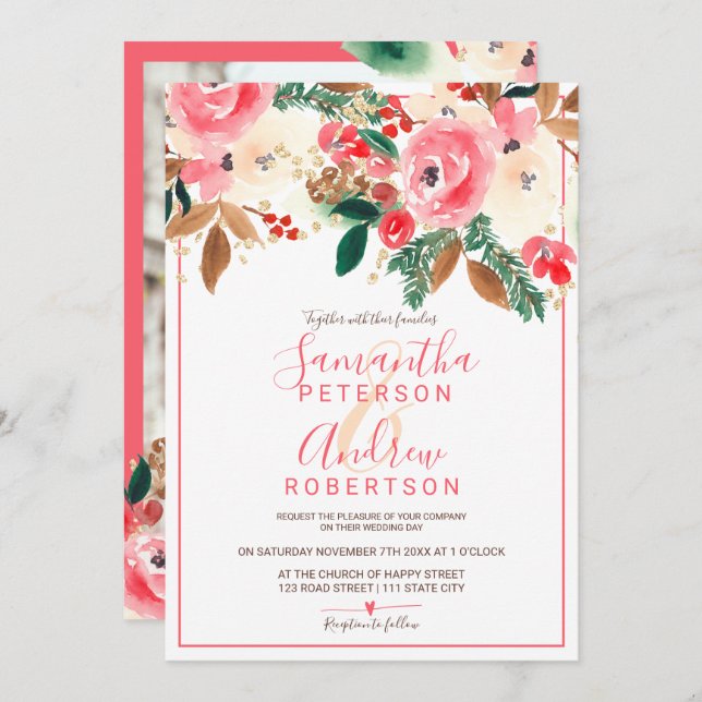 Winter Christmas floral Watercolor photo wedding Invitation (Front/Back)