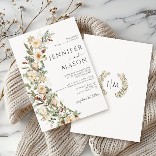 Winter Christmas Gold Green Floral Wreath Wedding Invitation