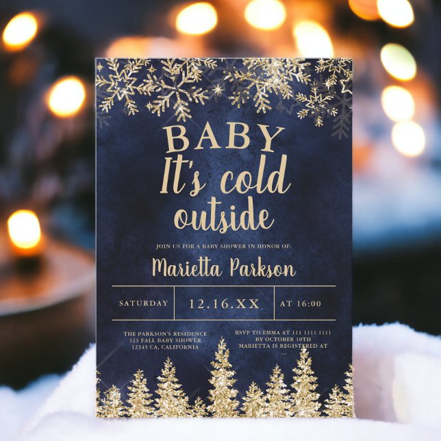 Winter Christmas gold snow pine navy  baby shower Invitation (Winter Christmas gold snow pine navy baby shower Invitation)