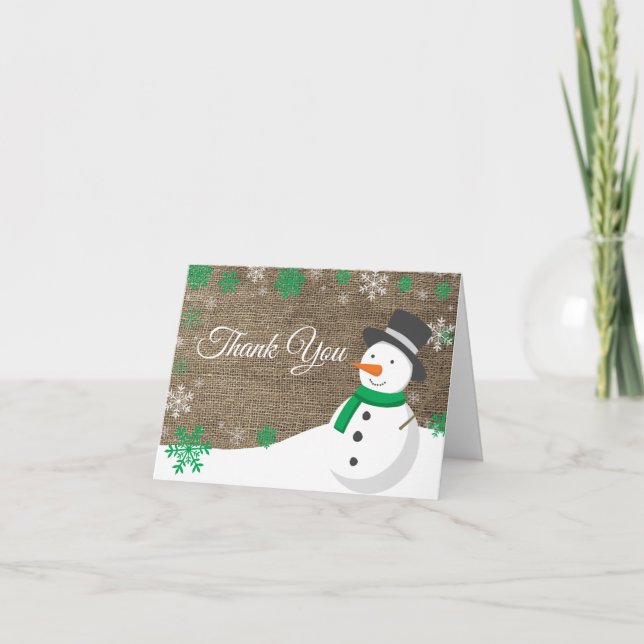 Winter Christmas Green Snowman Burlap Thank You Card (Front)