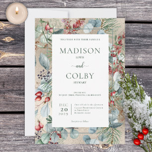 Winter Christmas Greenery Gold Wedding Invitation