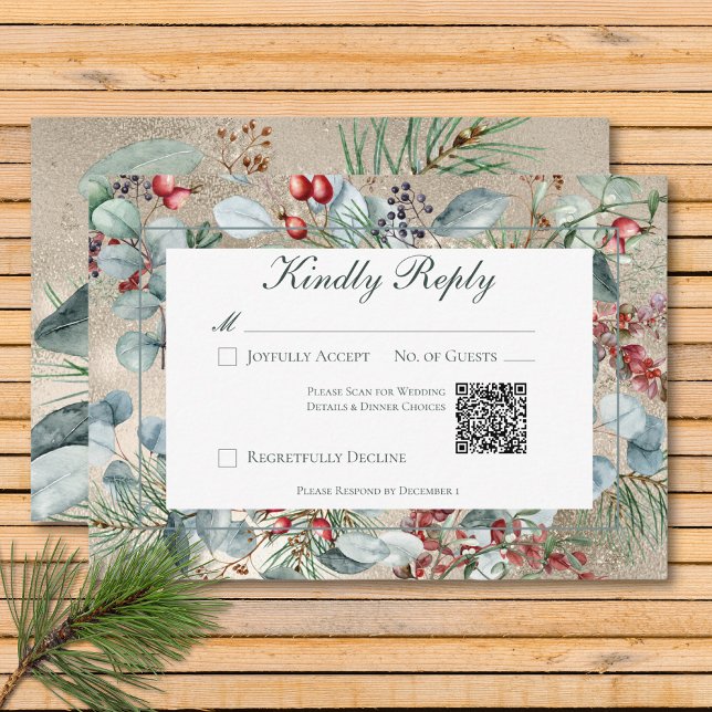 Winter Christmas Greenery Gold Wedding QR Code RSVP Card (Winter Christmas Greenery Gold Wedding QR Code RSVP Card)