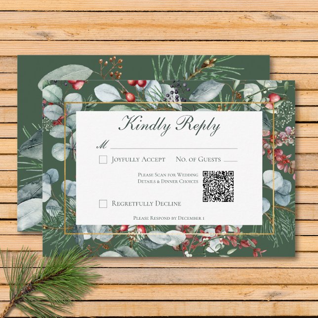 Winter Christmas Greenery Green QR Code RSVP Card (Winter Christmas Greenery Green QR Code RSVP Card)