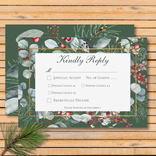Winter Christmas Greenery Green Three Dinner RSVP Card (Winter Christmas Greenery Green Three Dinner RSVP Card)