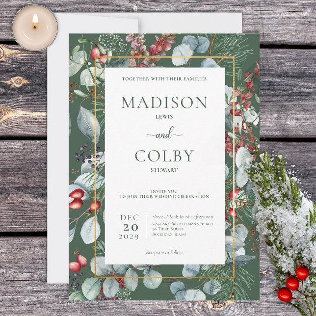 Winter Christmas Greenery Green Wedding Invitation (Creator Uploaded)